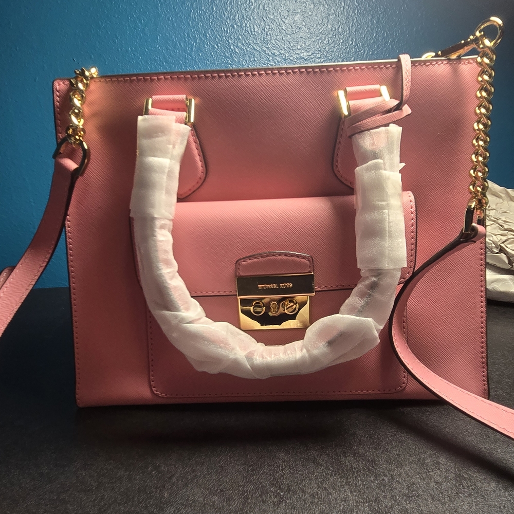 Pink Leather Handbag with Gold Accents